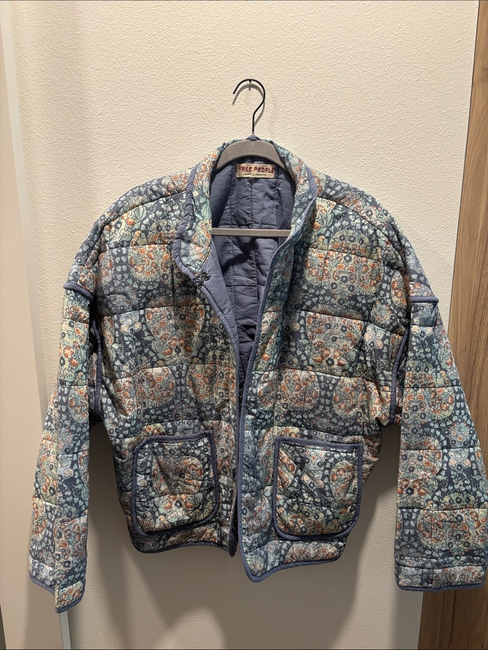 Free People Quilted Floral Jacket in Slate Blue Multi